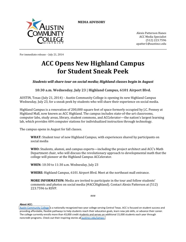 ACC News - ACC Opens New Highland Campus for Student Sneak Peek (July 23)